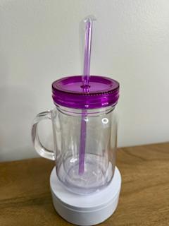 20 oz Clear Blank Acrylic Mason Jar Tumbler (Snow Globe) with a Purple lid.