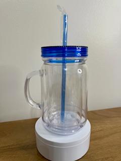20 oz Clear Acrylic Mason Jar Tumbler (Snow Globe) with a Blue lid.