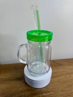20 oz Clear Acrylic Mason Jar Tumbler (Snow Globe) with a Green lid.
