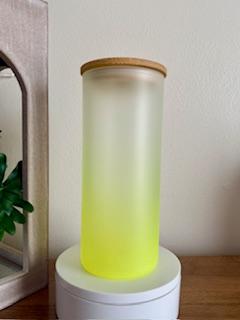 20 oz blank yellow frosted ombre  glass cup w/bamboo lid.