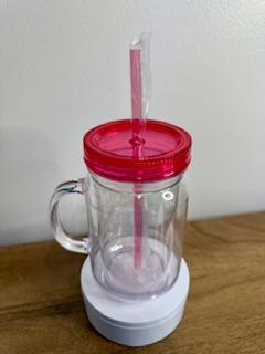 20 oz Clear Blank Acrylic Mason Jar Tumber (Snow Globe) with a Red lid.