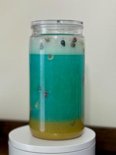 16oz Beach Tumbler with Tan Sand Teal Blue Mica Water & Sea Shells
