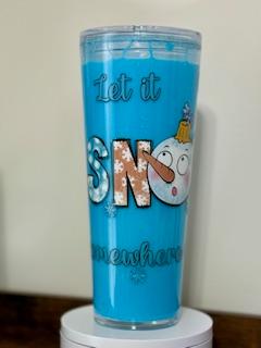 24 oz Custom Blue Tumbler with Let It Snow Decal