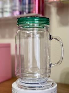 20 oz Clear Acrylic Mason Jar Tumbler (Snow Globe) with a Hunter green lid.