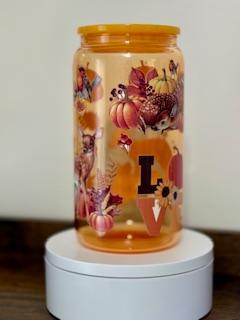 16oz Orange Tinted Glass Tumbler with Deer Pumkins& Birds Decal